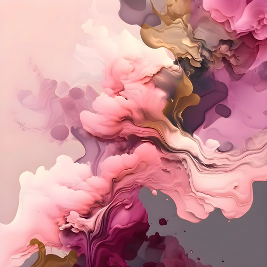 Abstract fluid art print featuring rich pink, magenta, and rose gold tones with dynamic flowing patterns, suitable for modern luxurious interiors
