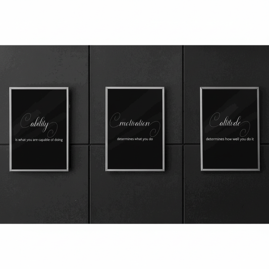 Ability Motivation Altitude black background wall art set, full three-poster mockup