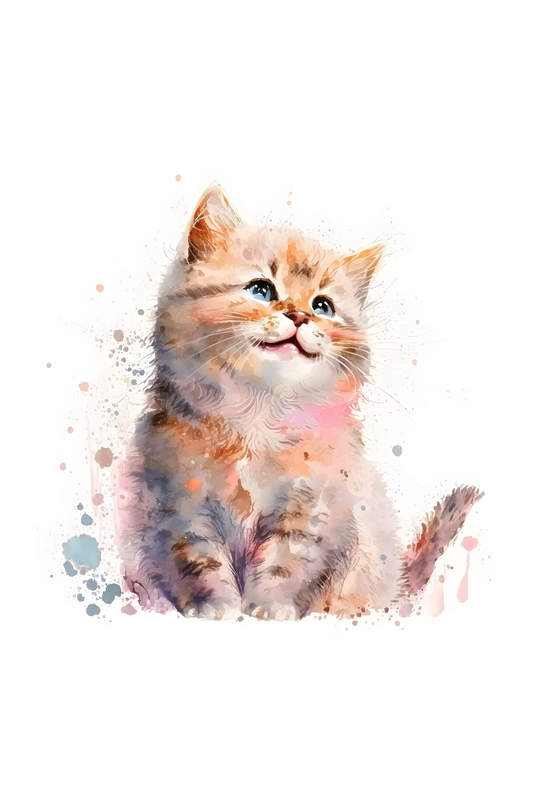 Printable wall art of a watercolor painting depicting an adorable kitten with splashes of color, ideal for nursery decor or as a gift for animal lovers.”