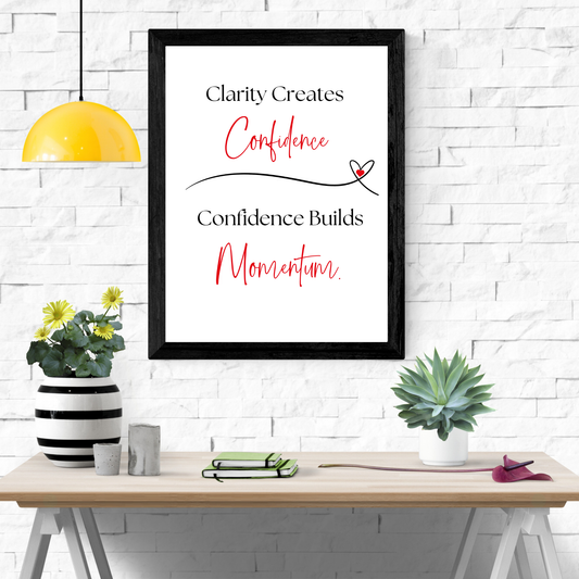 Motivational wall art print with black text 'Clarity Creates Confidence, Confidence Builds Momentum', featuring red script font and a heart graphic flourish