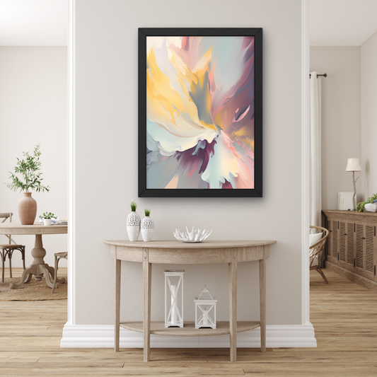 Abstract pastel fluid art print with soft yellow, pink, blue, and grey tones, perfect for modern and contemporary wall decor.