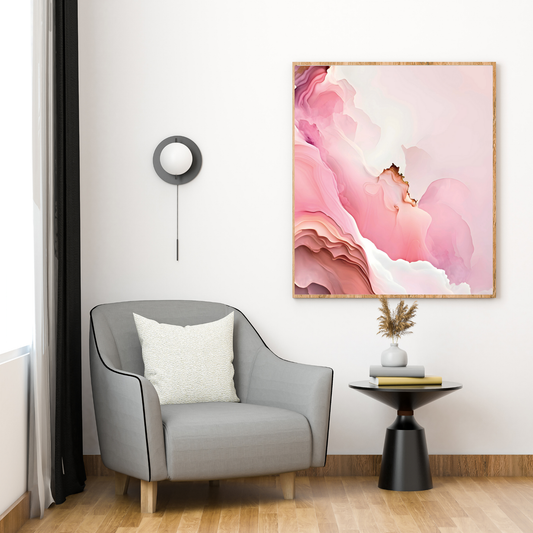 Abstract pink fluid art print with blush tones and subtle gold accents, ideal for modern, feminine, and serene wall decor
