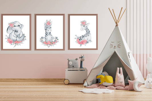 Elephant, Zebra, Giraffe Nursery Wall Art Set Barty life