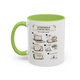 A white ceramic mug with a bright green handle and interior, featuring a printed graphic titled 'Entrepreneur Starter Pack' with illustrated steps and icons related to startup life, shown on a plain white background.