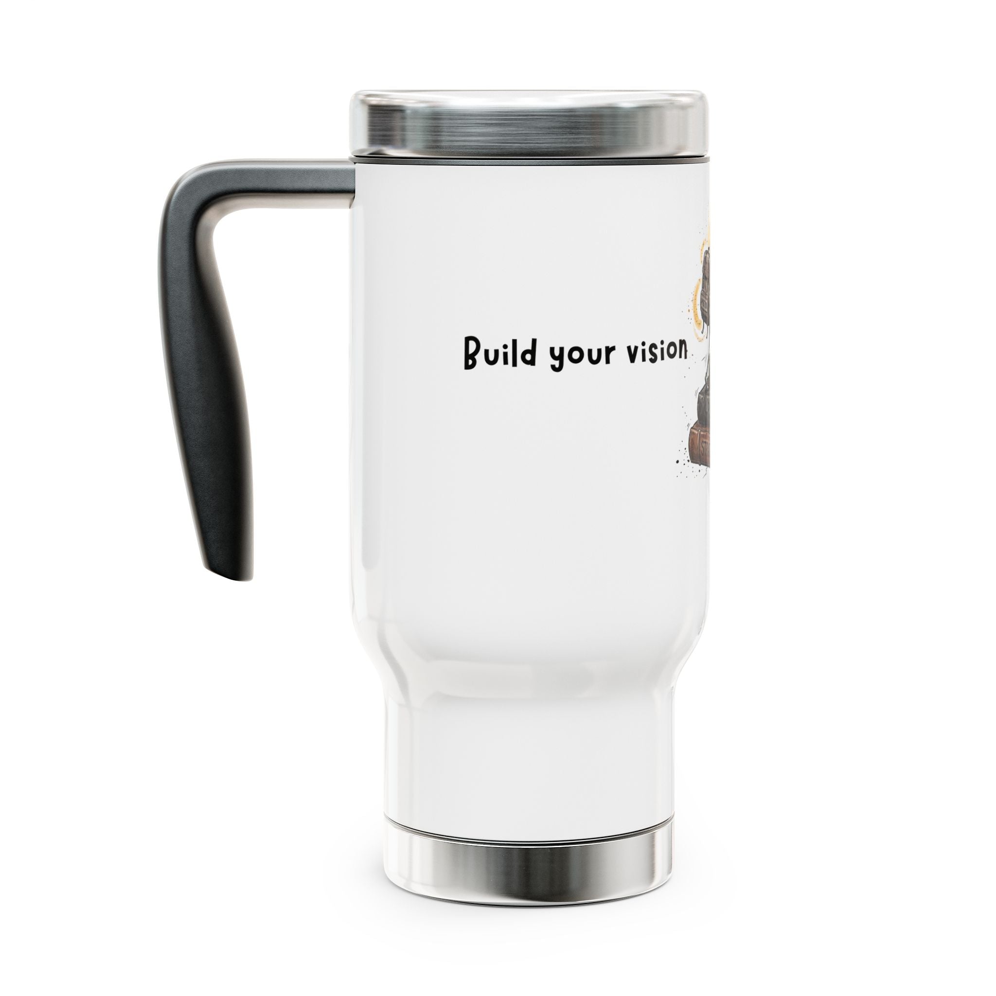 Travel Mug — "Build Your Vision" Coffee Tumbler with Inspirational Books & Lightbulb Design, 14oz Stainless Steel