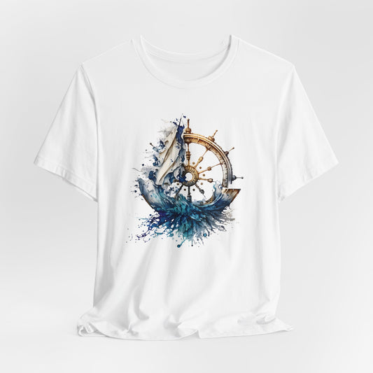 Dynamic Nautical T-Shirt - Ship Wheel, Sail & Waves Design (Unisex Tee)