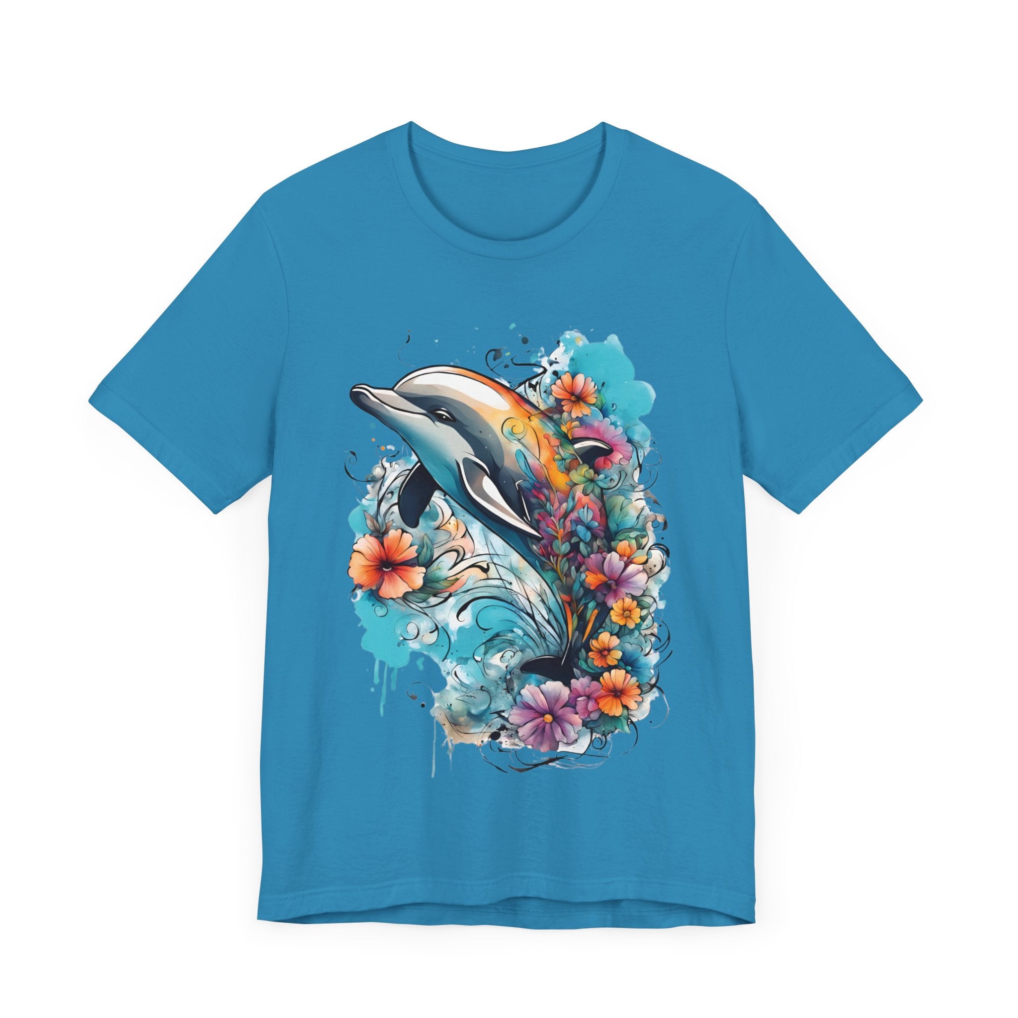 Colorful Dolphin T-Shirt - Vibrant Floral and Ocean Design