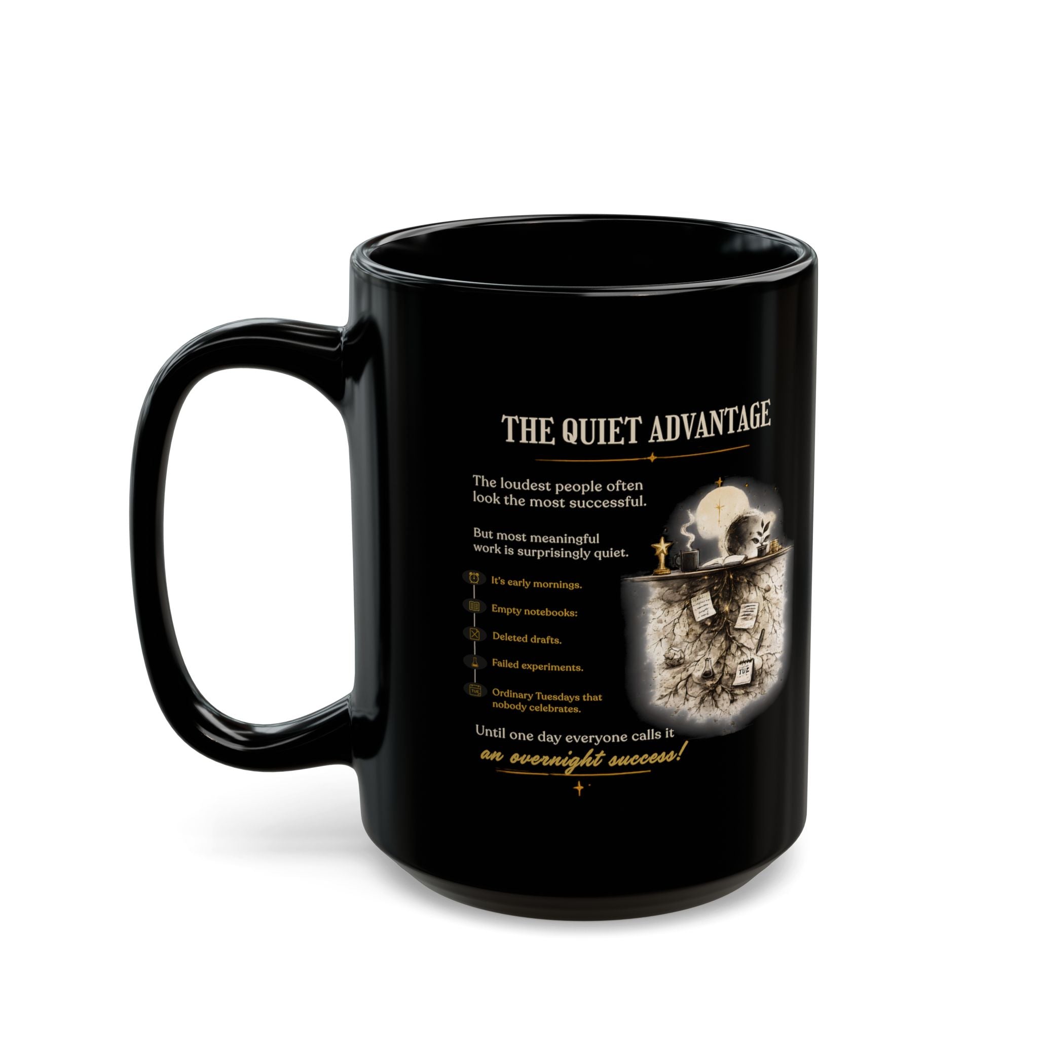 Motivational 'The Quiet Advantage' Black Coffee Mug — Inspirational Skull Design (11oz/15oz)