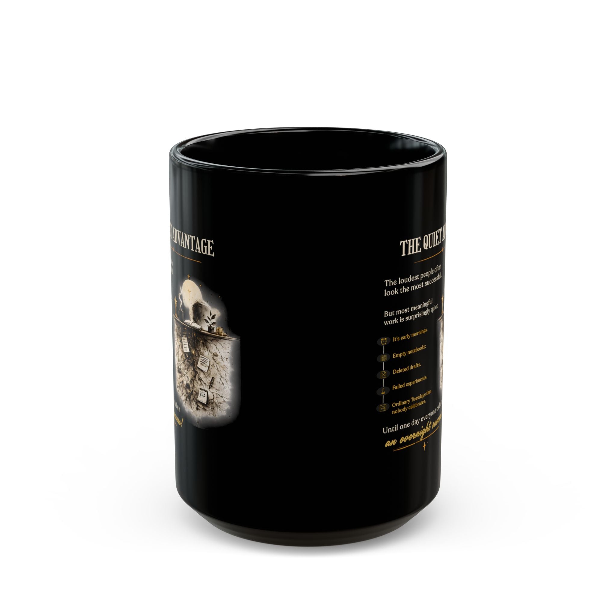 Motivational 'The Quiet Advantage' Black Coffee Mug — Inspirational Skull Design (11oz/15oz)