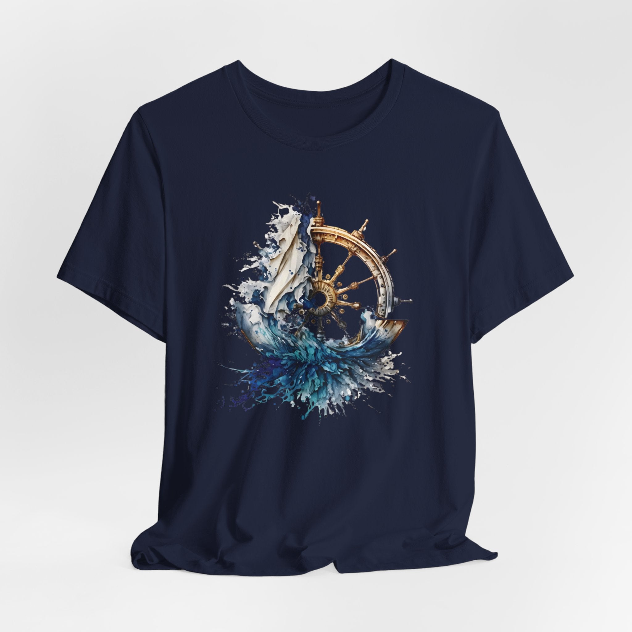 Dynamic Nautical T-Shirt - Ship Wheel, Sail & Waves Design (Unisex Tee)