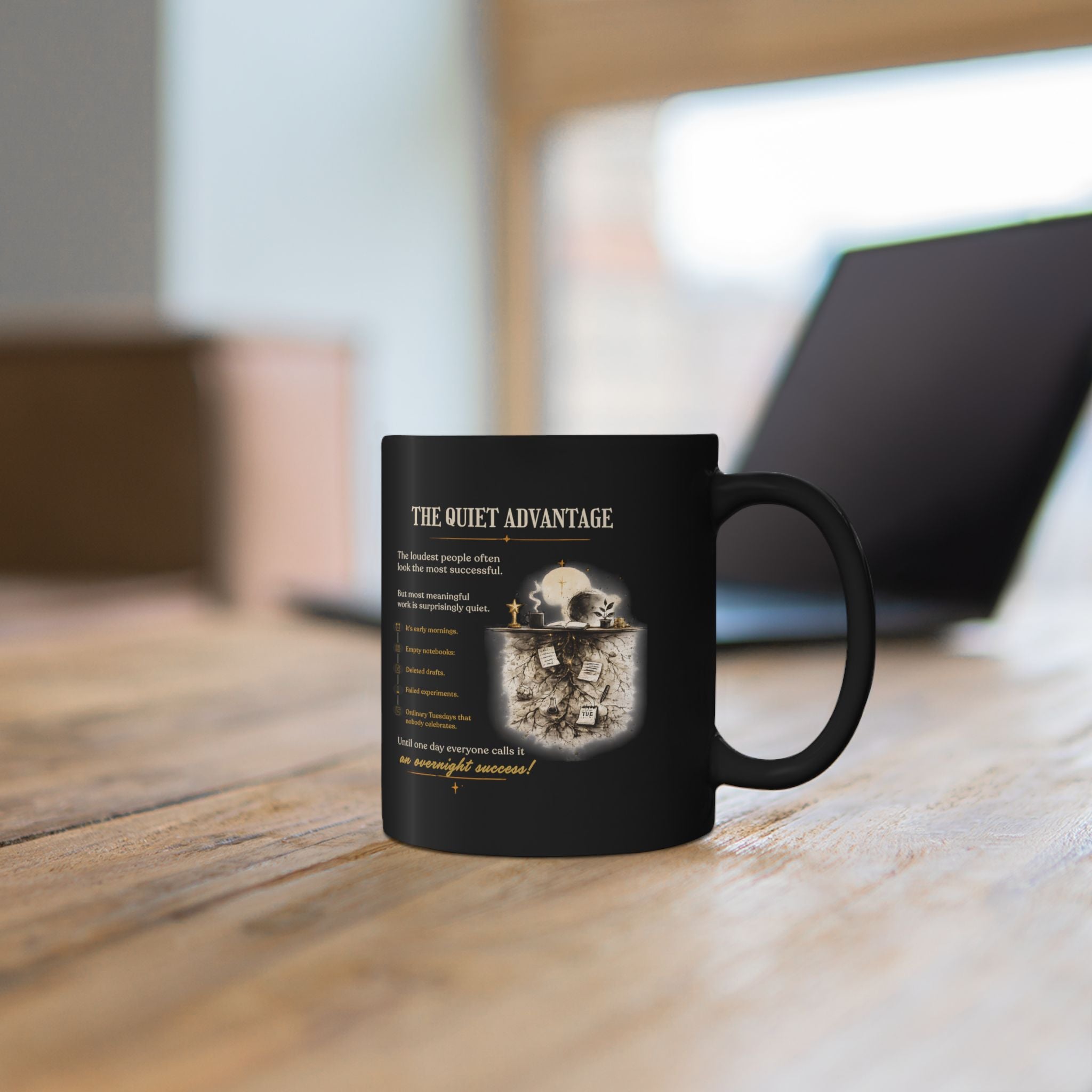 Motivational 'The Quiet Advantage' Black Coffee Mug — Inspirational Skull Design (11oz/15oz)