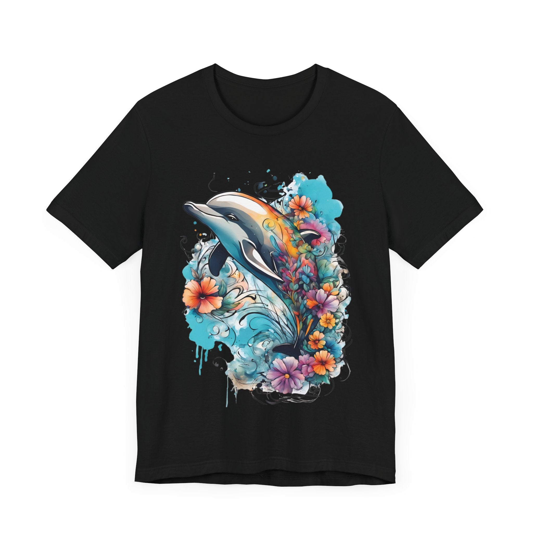 Colorful Dolphin T-Shirt - Vibrant Floral and Ocean Design