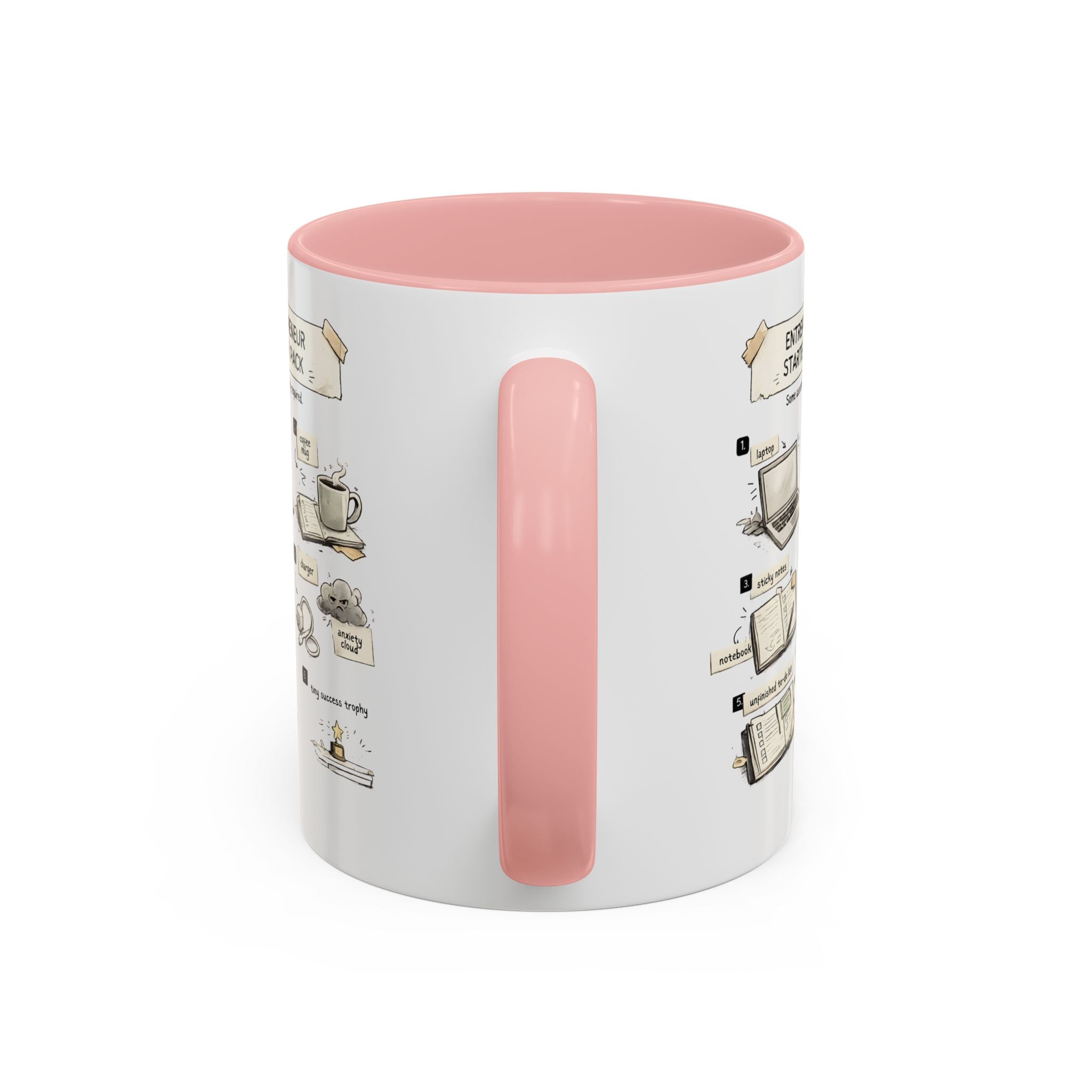 A white ceramic mug with a pink interior and a pink handle, featuring a printed coffee-themed illustration on the side.