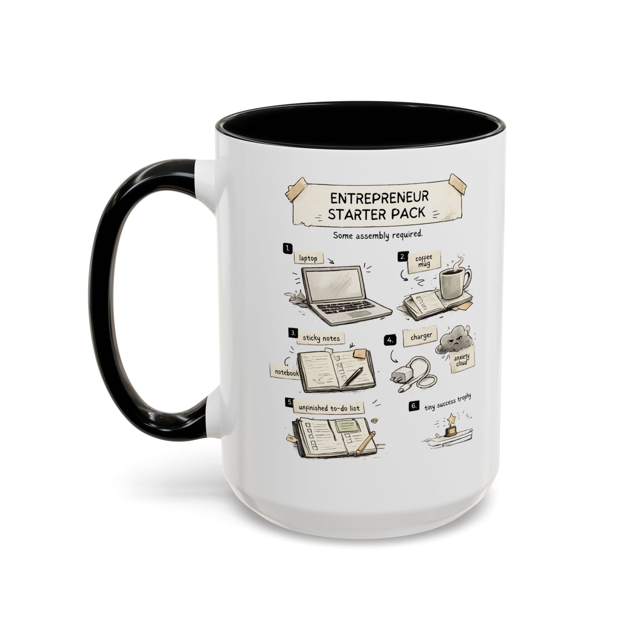 A white ceramic mug with a black handle and black interior, featuring a printed 'Entrepreneur Starter Pack' assembly-style graphic on the side.