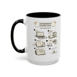 A white ceramic mug with a black handle and black interior, featuring a printed 'Entrepreneur Starter Pack' assembly-style graphic on the side.