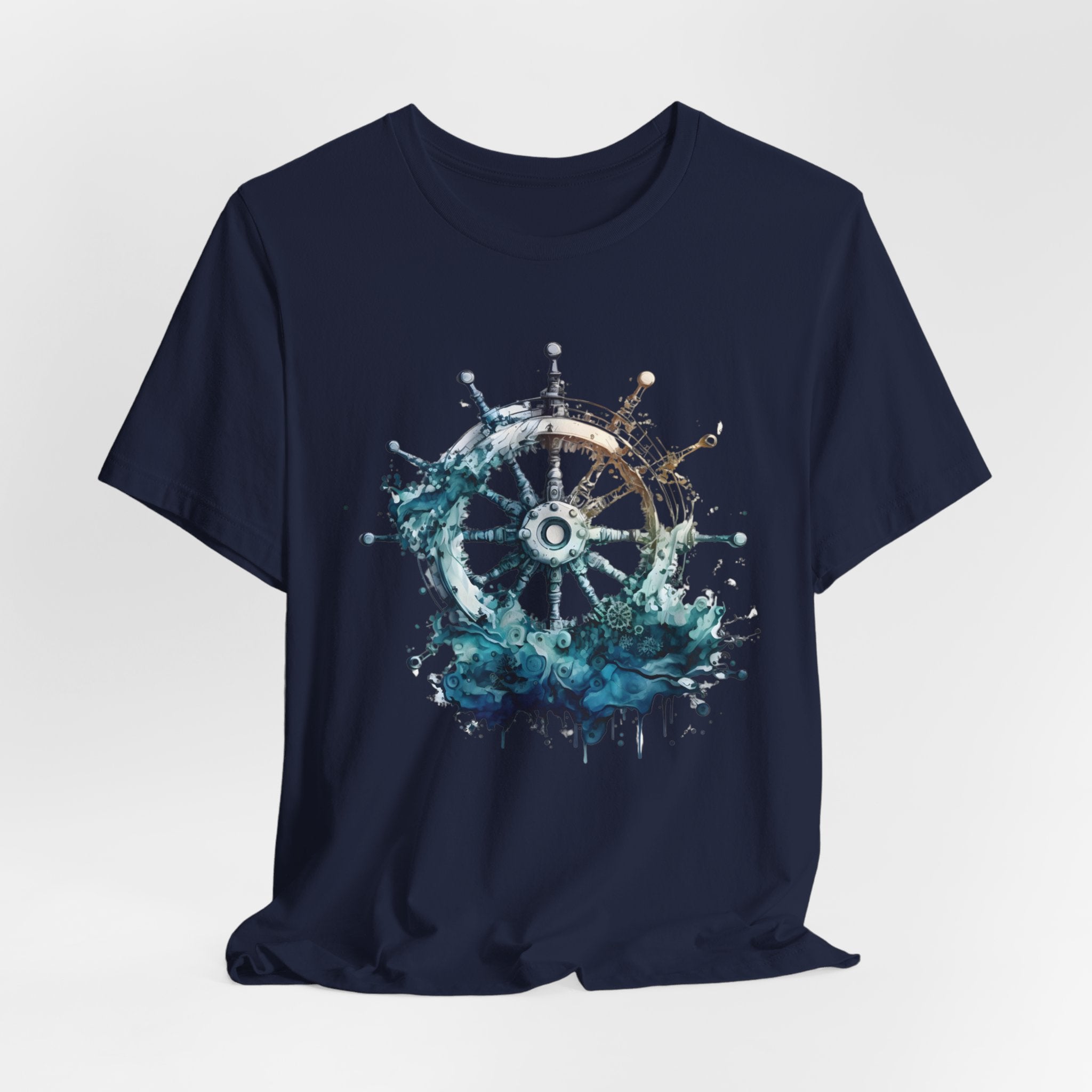 Dynamic Nautical T-Shirt - Ship Wheel & Ocean Waves Design Unisex