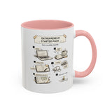 A white ceramic mug with a pink interior and handle, featuring a printed 'Entrepreneur Starter Pack' assembly-style graphic on the front.