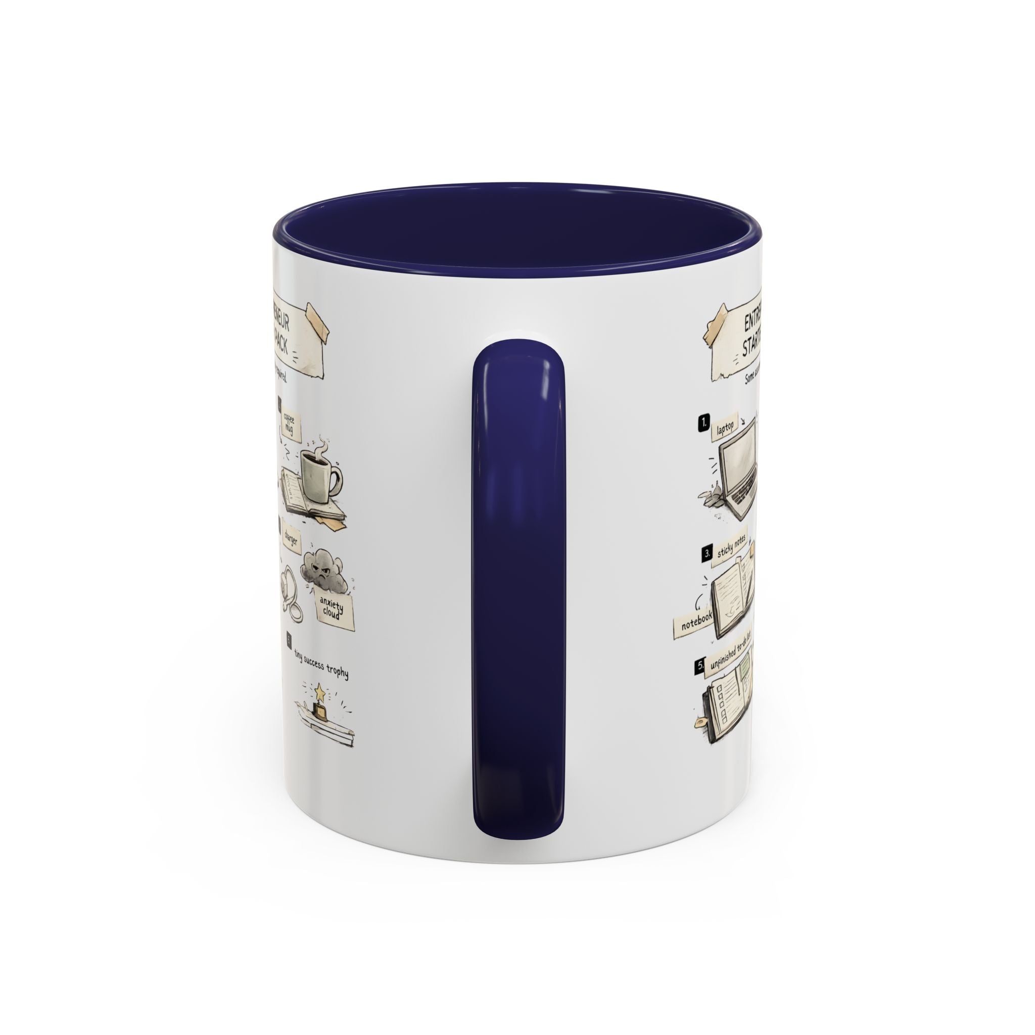 A white ceramic mug with a dark navy blue interior, handle, and vertical accent, featuring printed vintage-style coffee illustrations on the side.