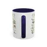 A white ceramic mug with a dark navy blue interior, handle, and vertical accent, featuring printed vintage-style coffee illustrations on the side.