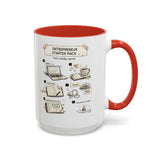 A white ceramic mug with a red interior and red handle, featuring a printed humorous graphic titled 'ENTREPRENEUR STARTER PACK' with illustrated startup items like a laptop, coffee mug, and notebook.