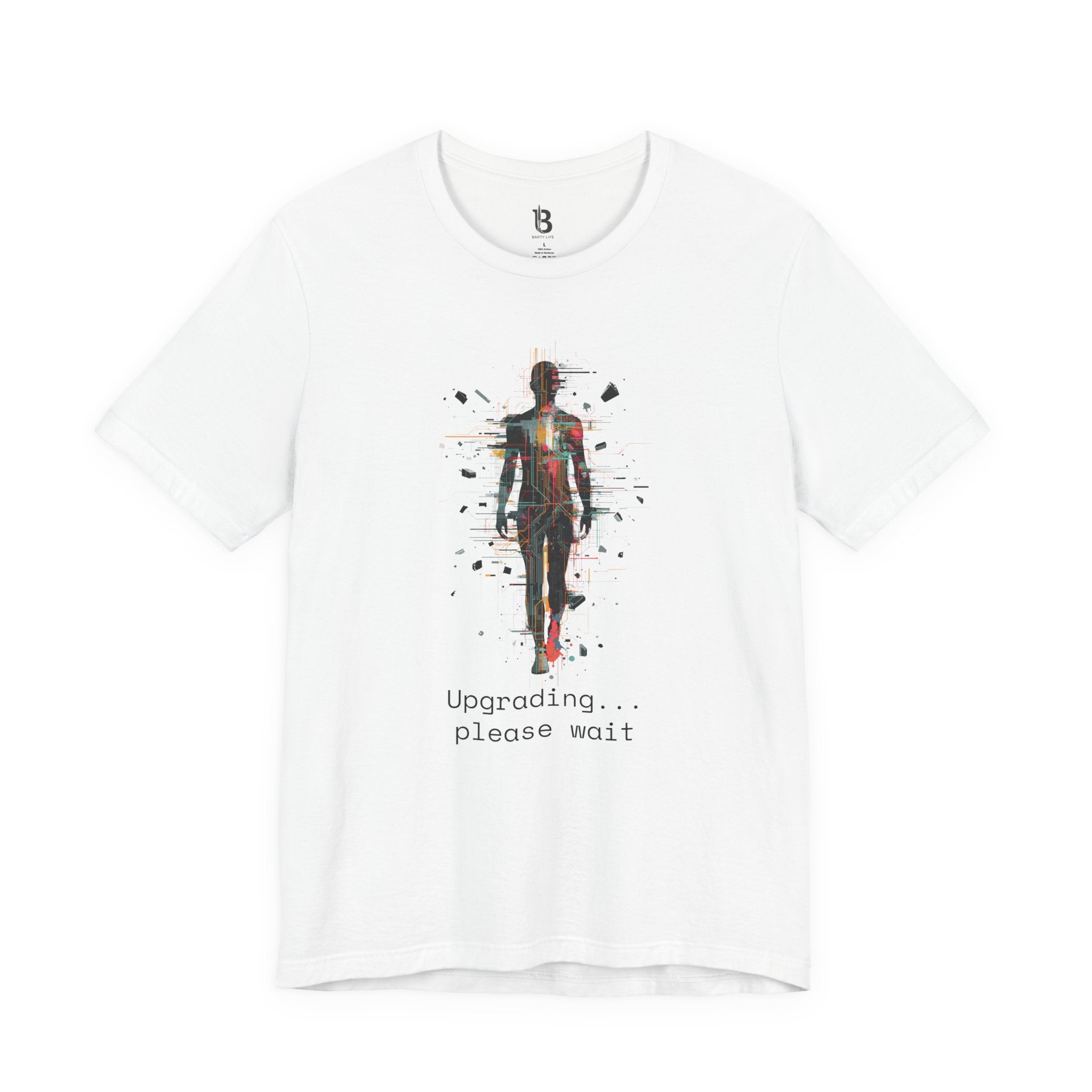 Futuristic Human Upgrade T-Shirt – “Upgrading... Please Wait” Graphic Tee, Minimal Tech Art Shirt, Unisex Streetwear