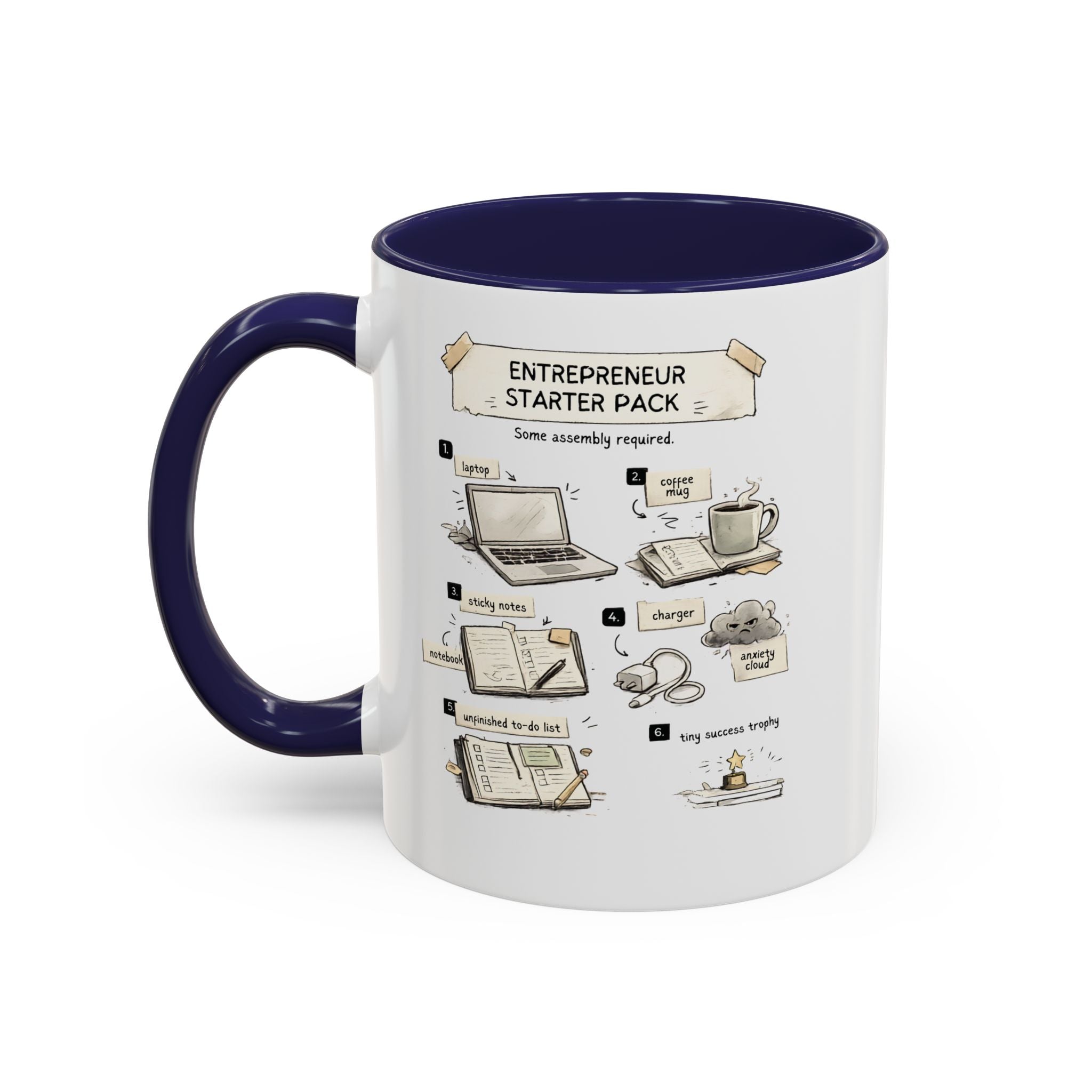 A white ceramic mug with a dark navy blue handle and interior, featuring a printed graphic titled 'Entrepreneur Starter Pack' with illustrated steps and objects like a laptop, notebook, coffee mug, and charger.