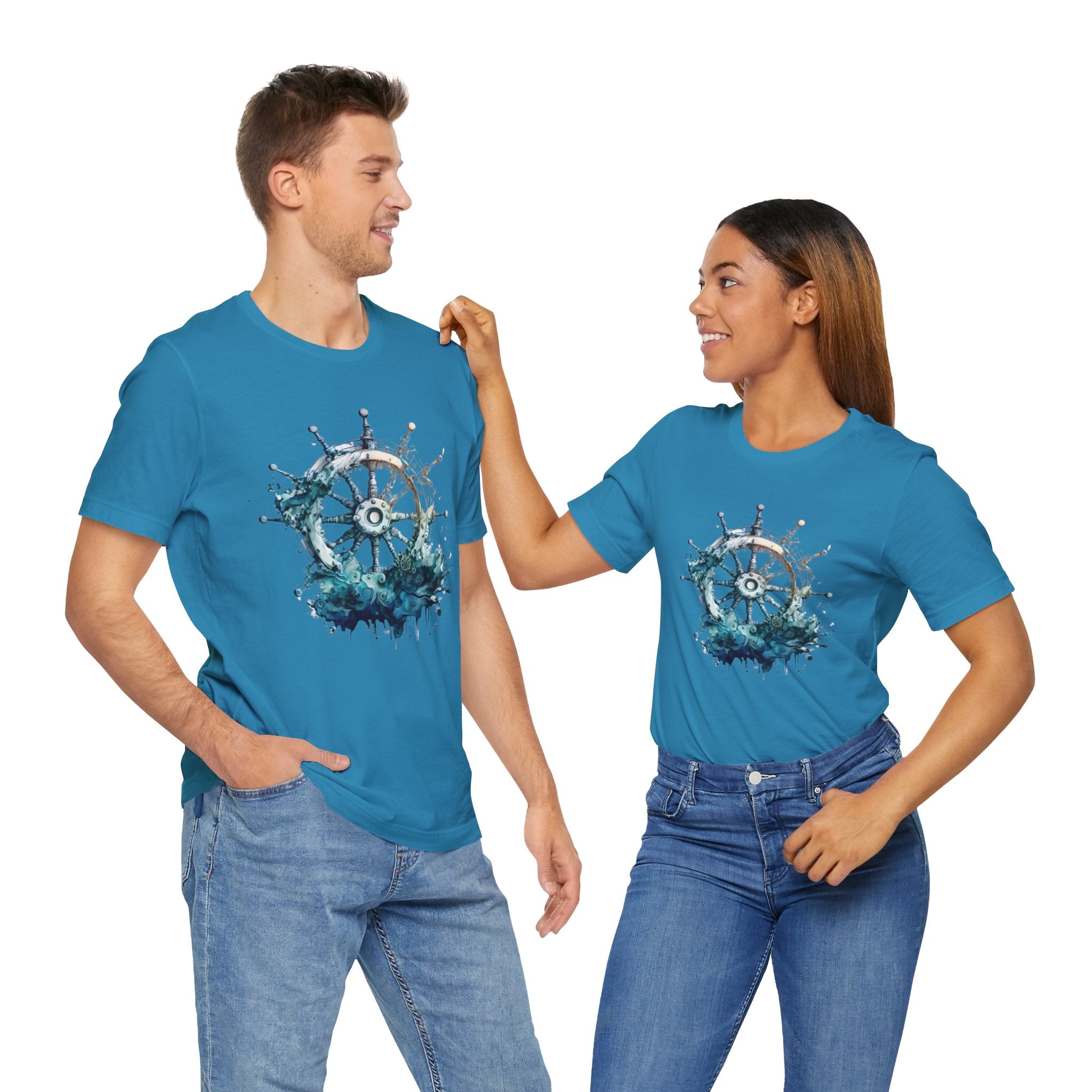 Dynamic Nautical T-Shirt - Ship Wheel & Ocean Waves Design Unisex