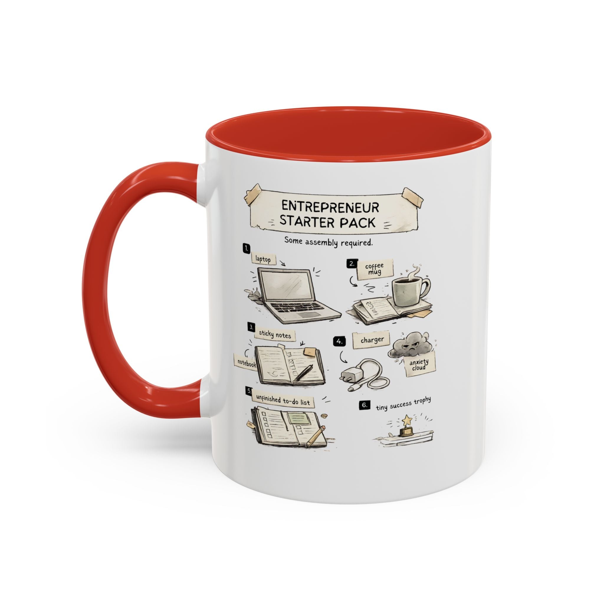 A white ceramic mug with a red interior and red handle, featuring a printed 'Entrepreneur Starter Pack' assembly-style graphic on the front.