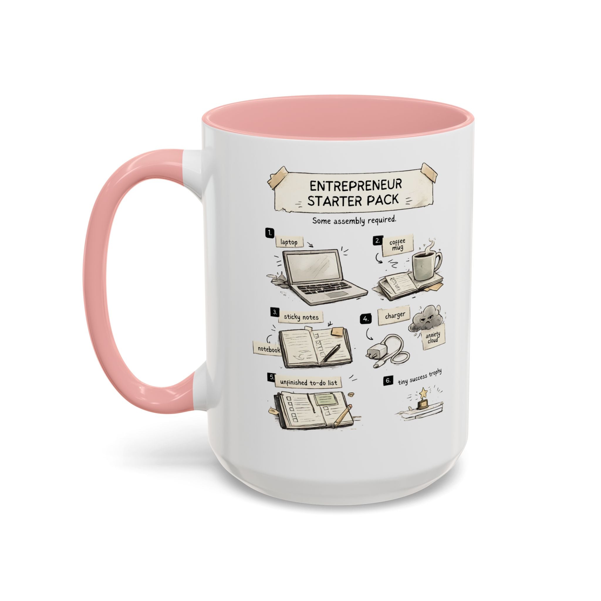 A white ceramic mug with a pink handle and interior, featuring a printed 'Entrepreneur Starter Pack' instructional graphic on the front.