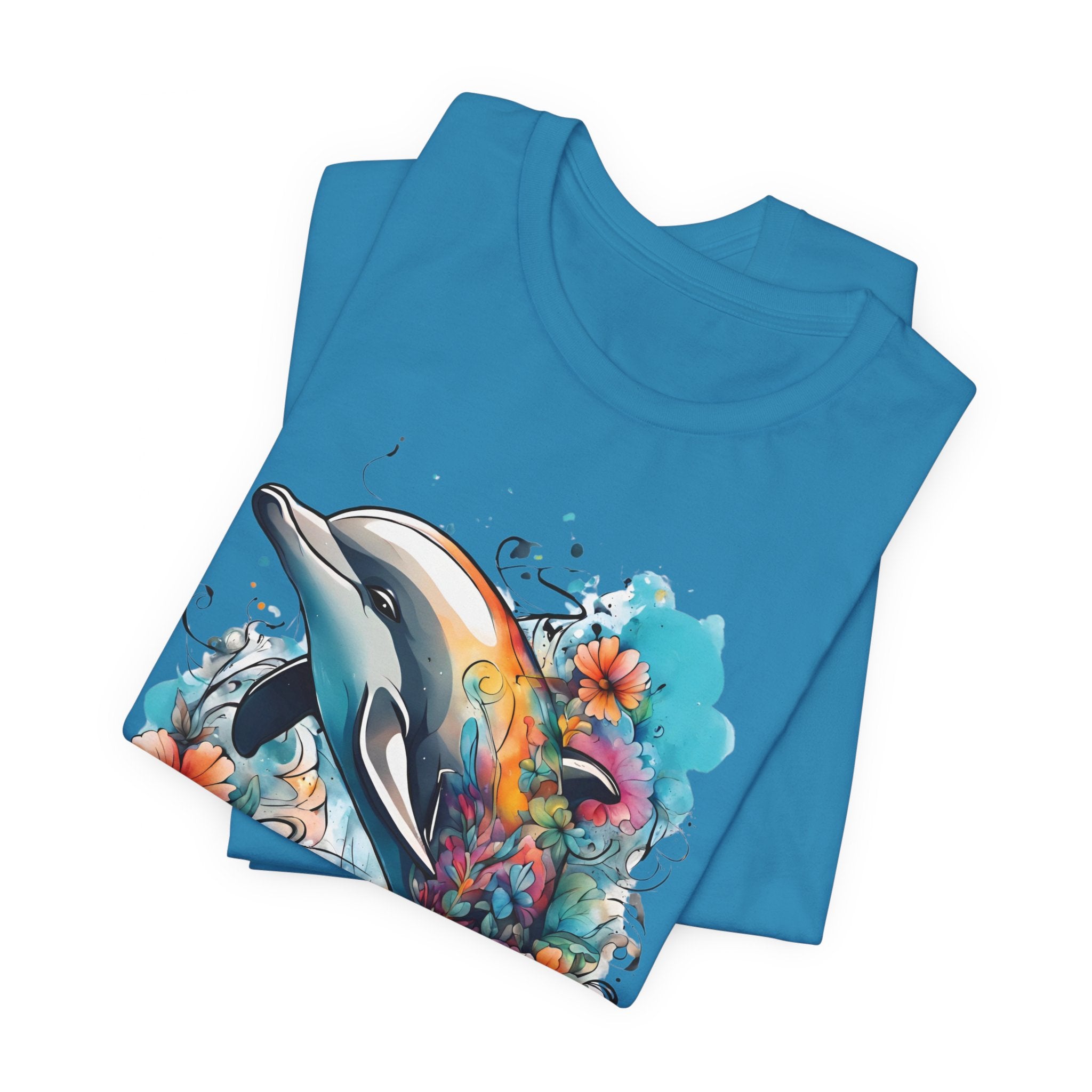 Colorful Dolphin T-Shirt - Vibrant Floral and Ocean Design