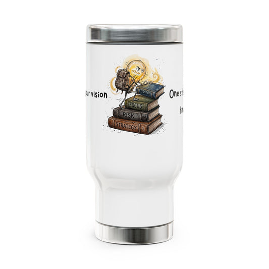 Travel Mug — "Build Your Vision" Coffee Tumbler with Inspirational Books & Lightbulb Design, 14oz Stainless Steel