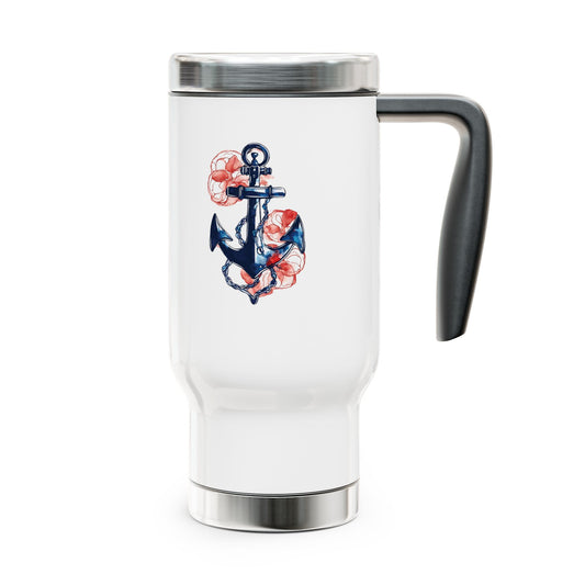 Travel Mug - Sea Anchor Graphic Design - Stainless Steel 14oz with Handle