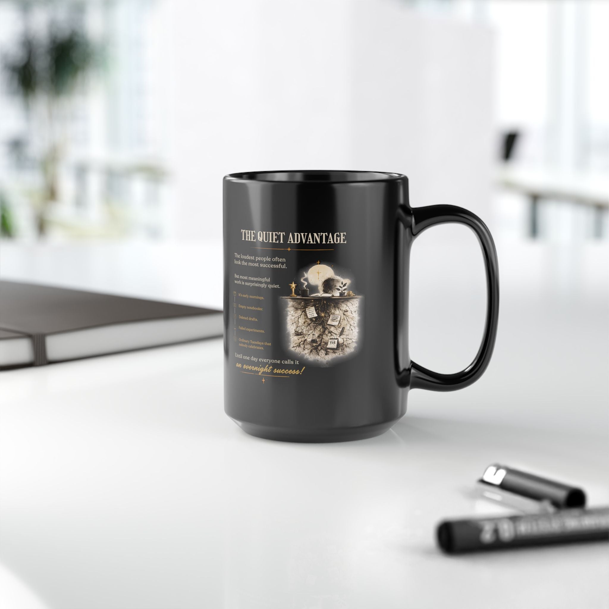 Motivational 'The Quiet Advantage' Black Coffee Mug — Inspirational Skull Design (11oz/15oz)