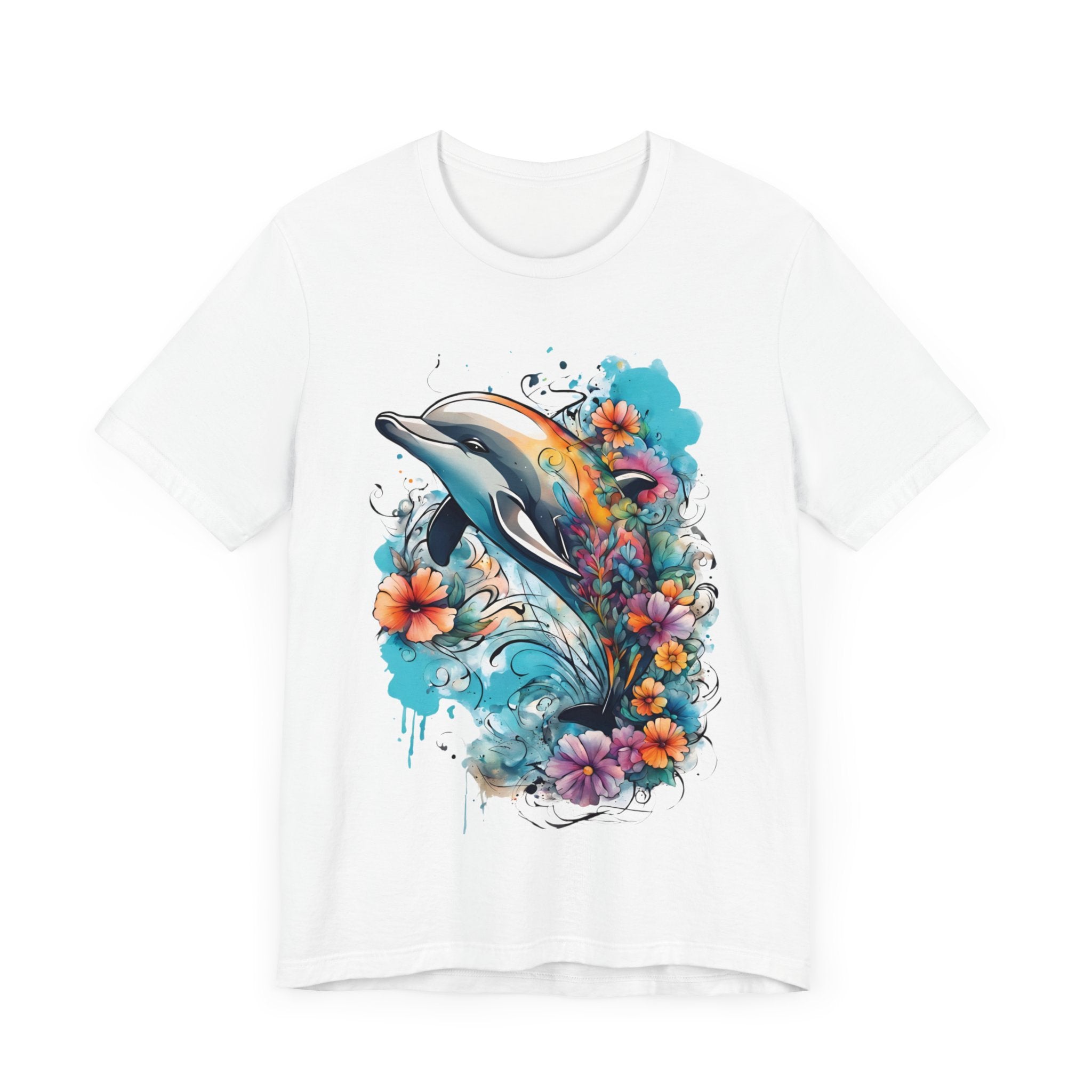 Colorful Dolphin T-Shirt - Vibrant Floral and Ocean Design