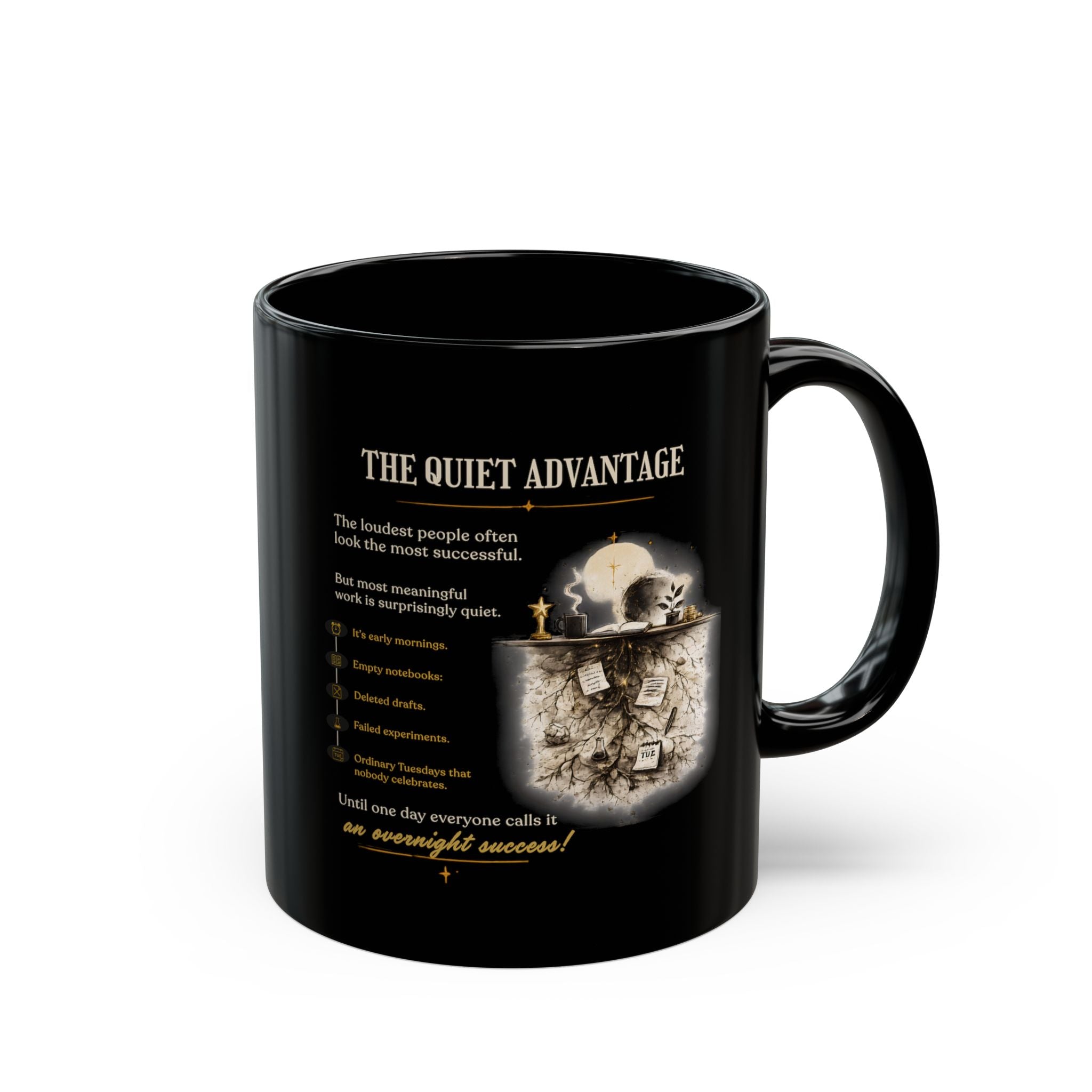 Motivational 'The Quiet Advantage' Black Coffee Mug — Inspirational Skull Design (11oz/15oz)