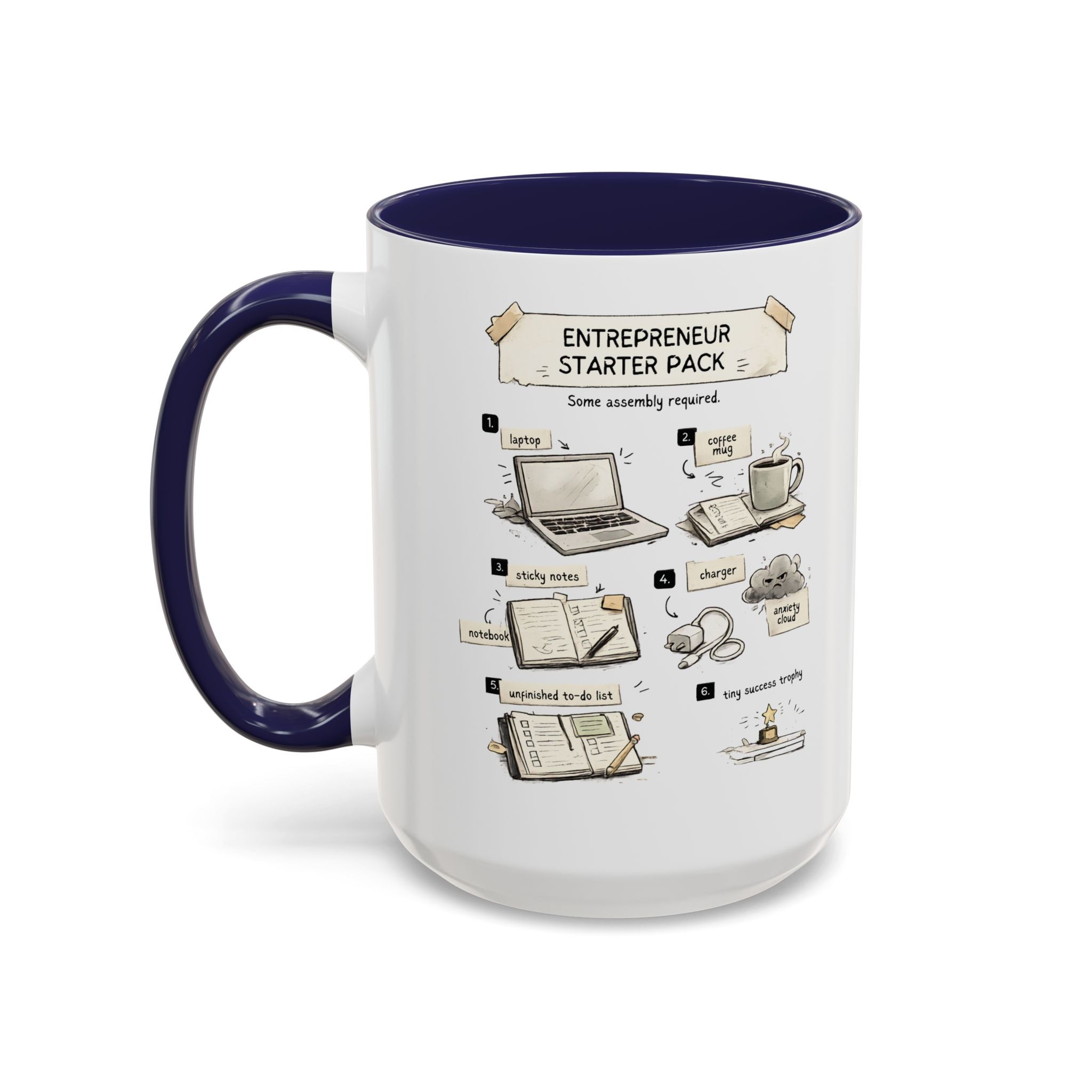 White mug with navy handle and interior, featuring text and graphics on a white background