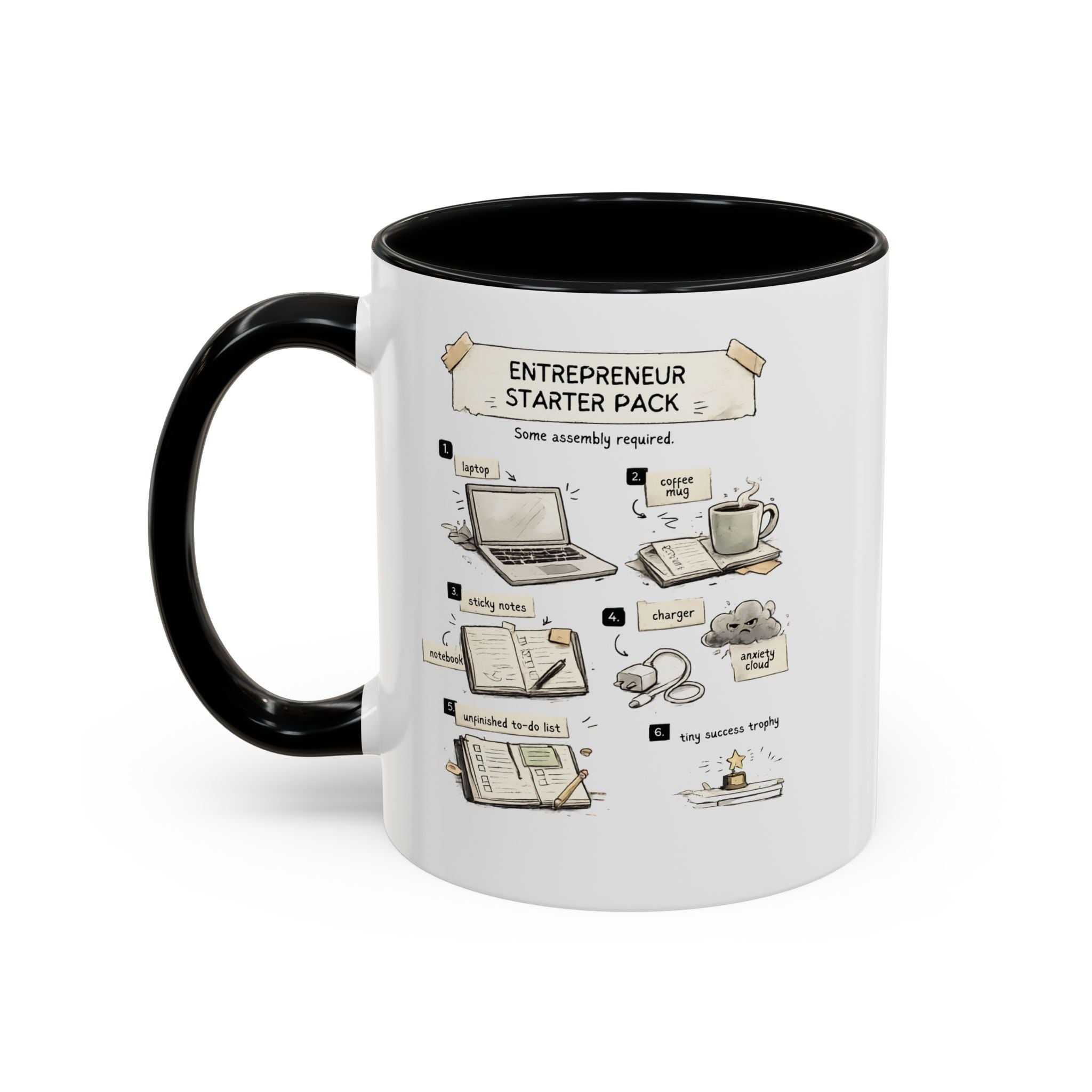 A white ceramic mug with a black handle and black interior, featuring a printed graphic titled 'Entrepreneur Starter Pack' with illustrated steps and startup-themed doodles.