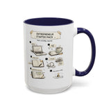 White mug with blue interior and handle, featuring a humorous text message.