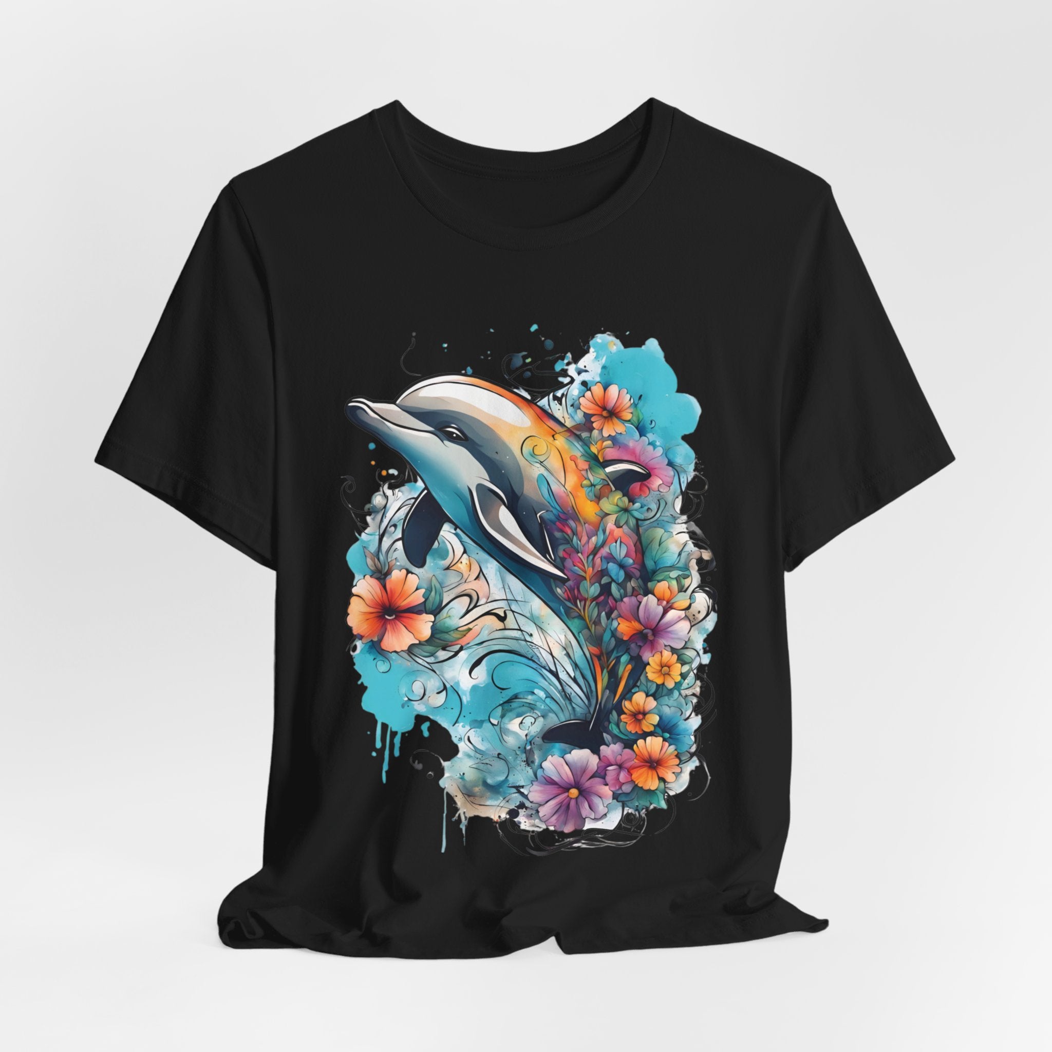 Colorful Dolphin T-Shirt - Vibrant Floral and Ocean Design