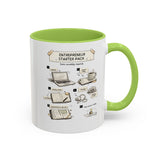 A white ceramic mug with a bright green interior and handle, featuring a printed 'Entrepreneur Starter Pack' assembly-style graphic on the front.
