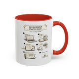 A white ceramic mug with a red interior and red handle, featuring a printed graphic titled 'ENTREPRENEUR STARTER PACK' with illustrated startup-themed items like a laptop, coffee mug, notebook, and mouse.