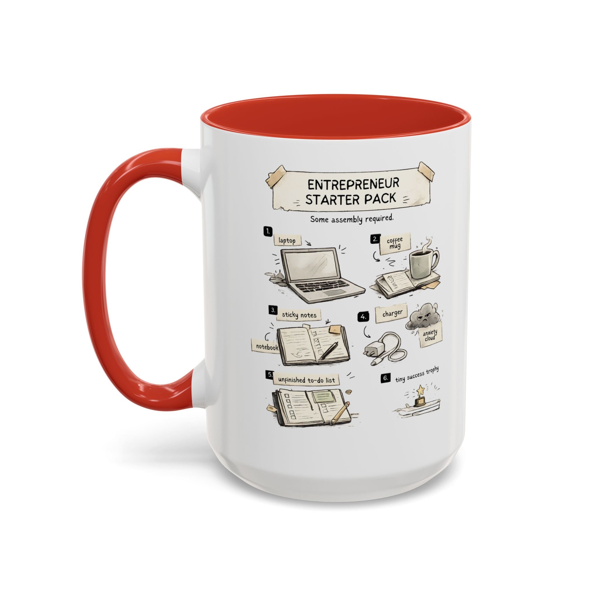 A white ceramic mug with a red handle and red interior, featuring a printed 'Entrepreneur Starter Pack' assembly-style graphic on the front.