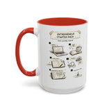 A white ceramic mug with a red handle and red interior, featuring a printed 'Entrepreneur Starter Pack' assembly-style graphic on the front.