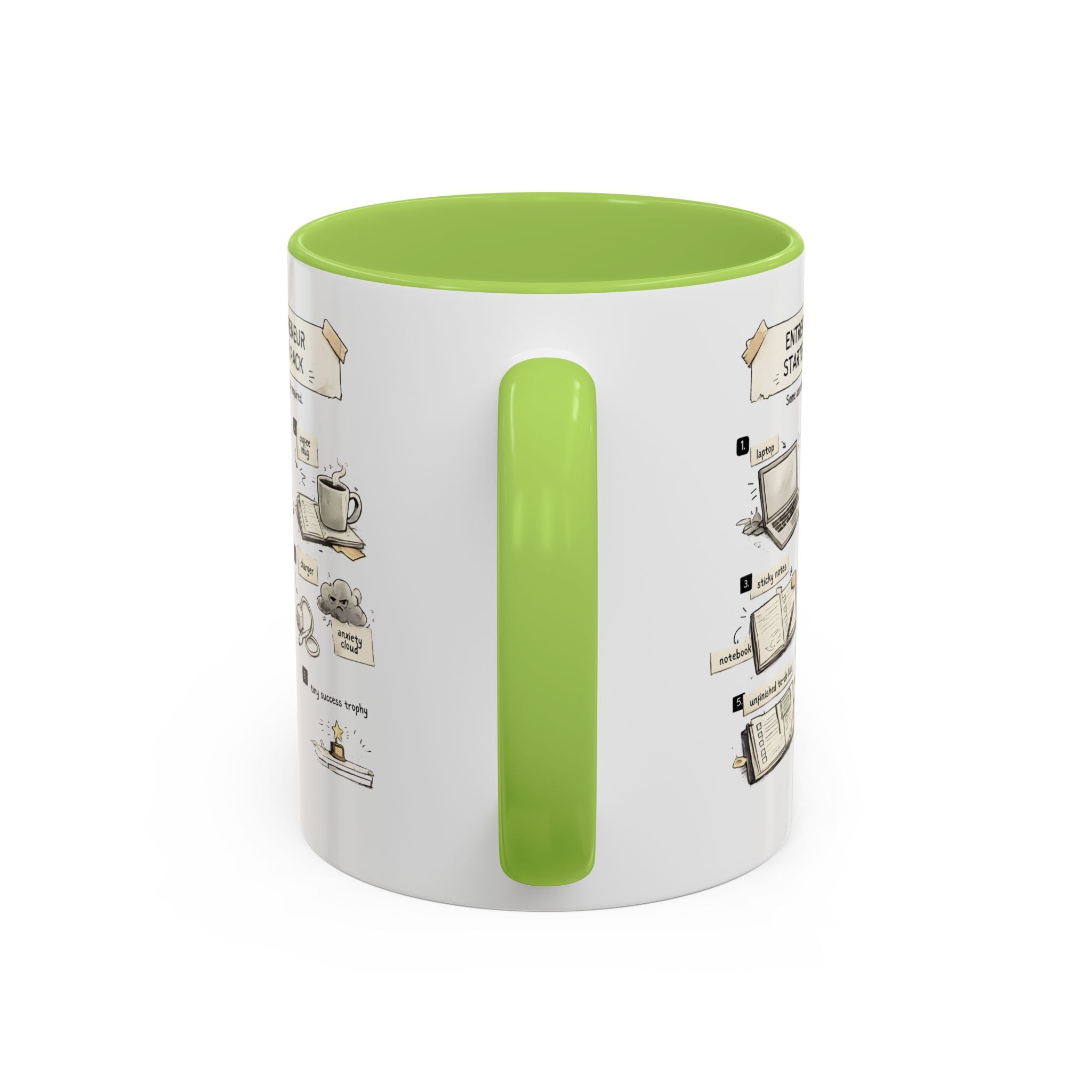 A white ceramic mug with a bright lime green interior, handle, and vertical accent, featuring printed coffee-themed illustrations on the sides.