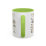 A white ceramic mug with a bright lime green interior, handle, and vertical accent, featuring printed coffee-themed illustrations on the sides.