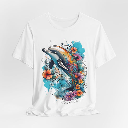 Colorful Dolphin T-Shirt - Vibrant Floral and Ocean Design