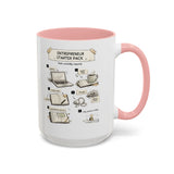 A white ceramic mug with a pink interior and handle, featuring a printed 'Entrepreneur Starter Pack' assembly-style graphic on the front.