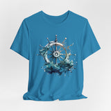 Dynamic Nautical T-Shirt - Ship Wheel & Ocean Waves Design Unisex