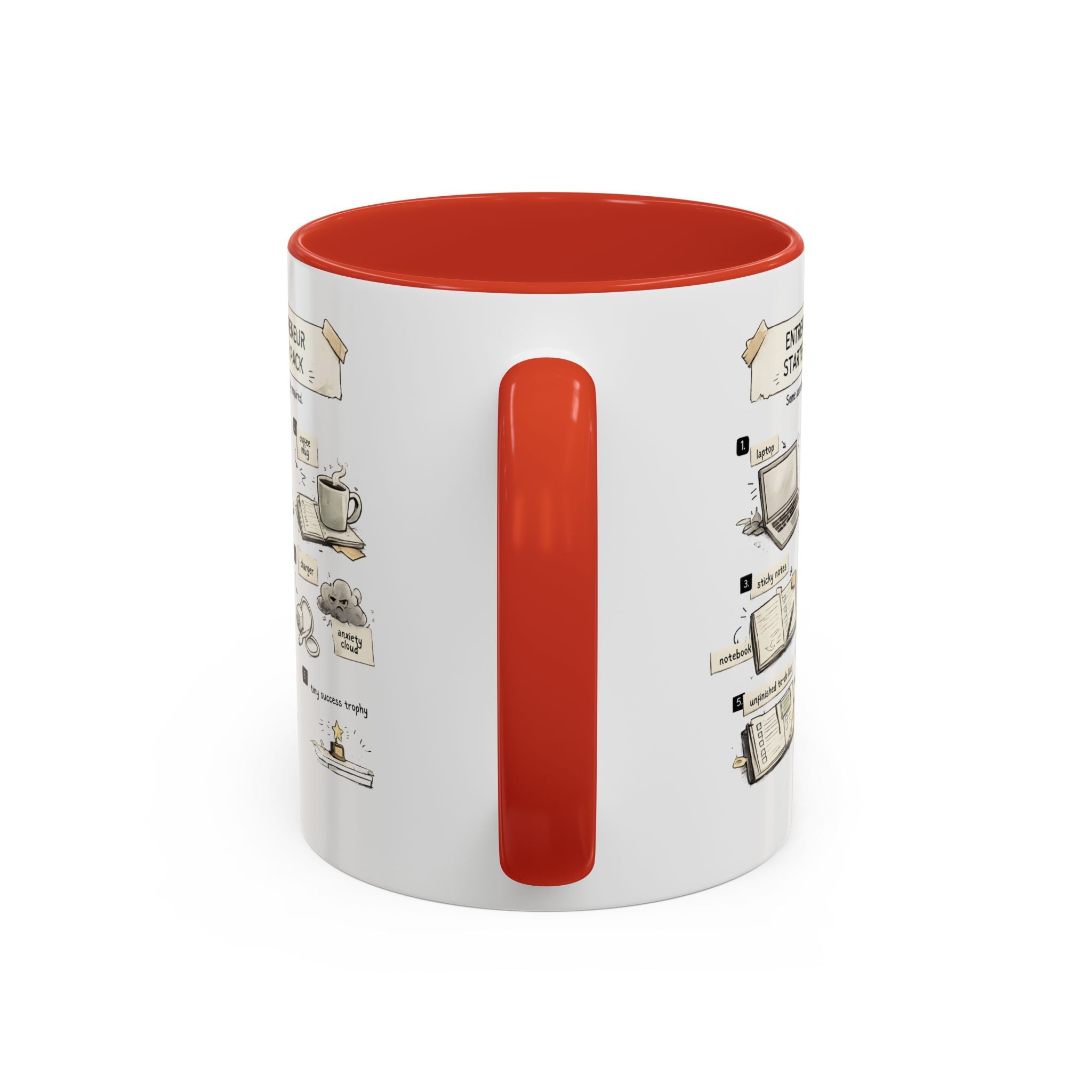 A white ceramic mug with a vibrant red interior, red handle, and a printed vintage-style coffee illustration on the side.