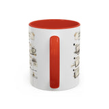 A white ceramic mug with a vibrant red interior, red handle, and a printed vintage-style coffee illustration on the side.